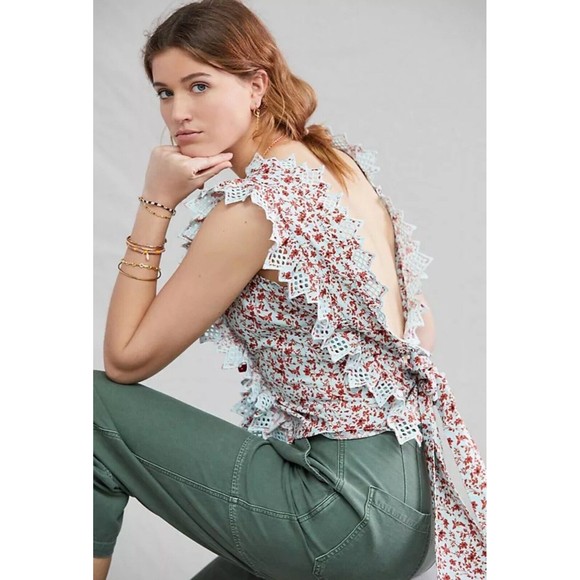 Anthropologie Tops - Anthropologie Blue Tassel Women Floral Cotton Trina Bow Blouse Top Size XL NEW